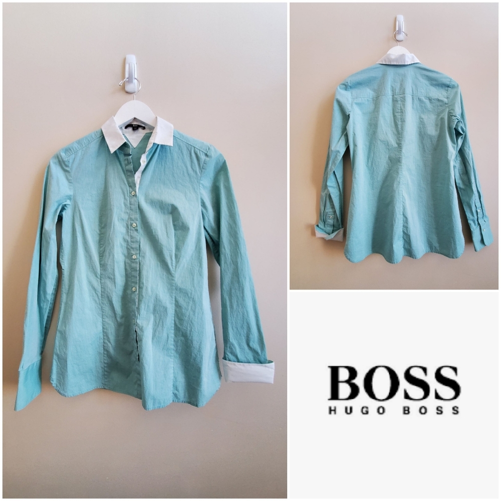 Hugo Boss Tiffany Green Button Down Blouse with white contrast collar/cuff